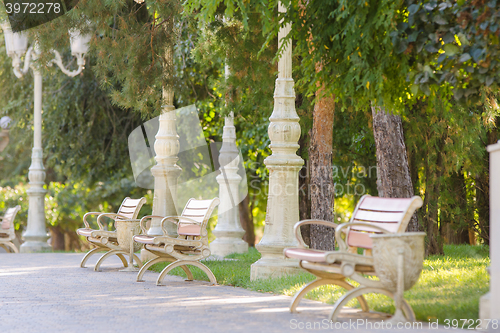 Image of Alley with several benches in the city park \"Baku\" in Volgograd