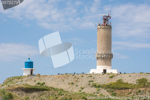 Image of Big Utrish, Russia - May 17, 2016: Monument to the lighthouse and a chapel on the island of Utrish, built in 1975 in tribute to all sailors Azov-Black Sea fleet