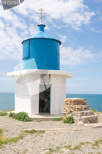 Image of Big Utrish, Russia - May 17 2016: Chapel at the monument-Utrish lighthouse on the island, built in 1975 in tribute to all sailors Azov-Black Sea fleet, as well as the crew of the vehicle \"Fabricius\"