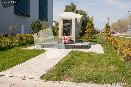 Image of Vityazevo, Russia - April 22, 2016: Memorial sign wars athletes who died in the Great Patriotic War, set in the alley of sports at the indoor sports and gaming complex \"Vityaz\" in the resort village