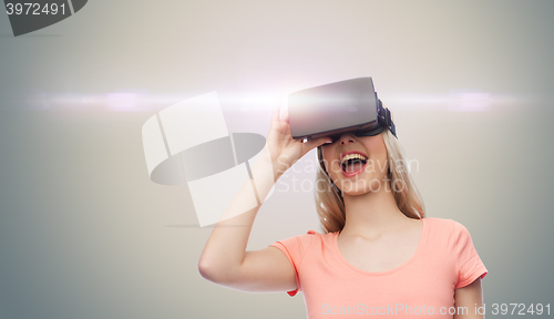 Image of woman in virtual reality headset or 3d glasses