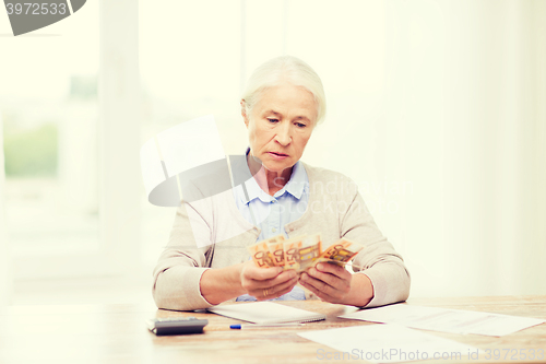 Image of senior woman with money and papers at home