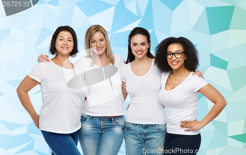 Image of group of happy different women in white t-shirts