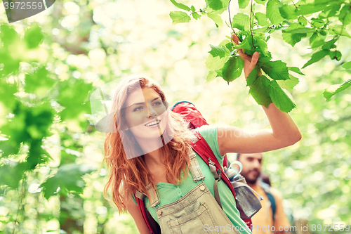 Image of group of smiling friends with backpacks hiking