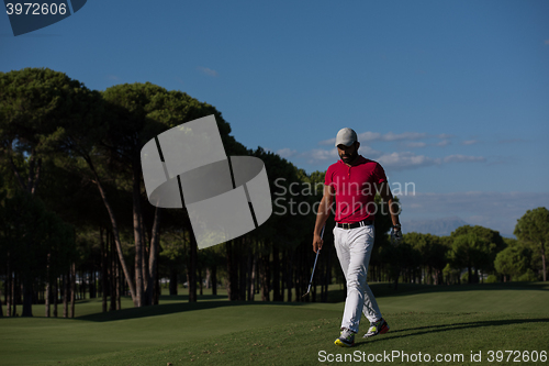 Image of golf player walking and carrying driver