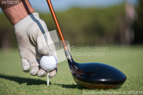 Image of golf player placing ball on tee