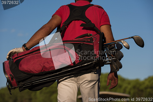 Image of close up of golfers back while   walking and carrying golf  bag