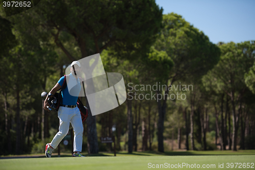 Image of golf player walking and carrying bag