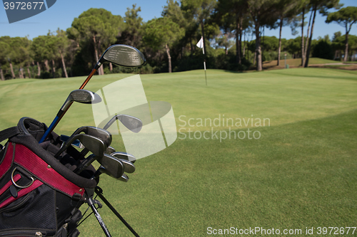 Image of close up golf bag on course