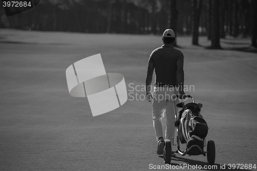 Image of golf player walking with wheel bag