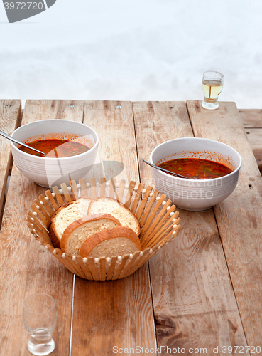 Image of Lunch at ski resort in Georgia, kharcho and chacha