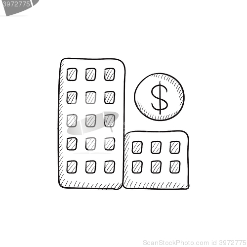 Image of Condominium with dollar symbol sketch icon.