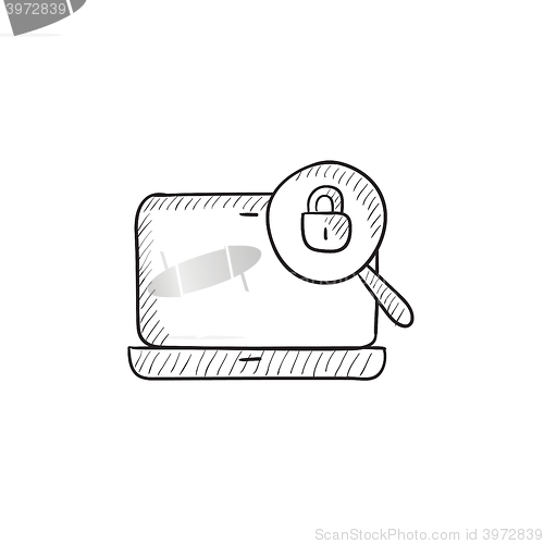 Image of Laptop and magnifying glass sketch icon.