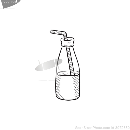 Image of Glass bottle with drinking straw sketch icon.