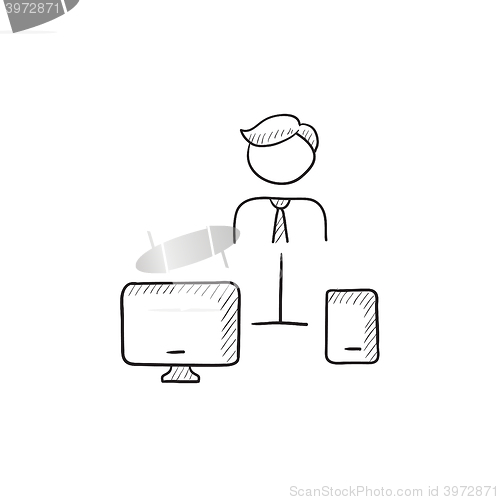 Image of Man linked with computer and phone sketch icon.