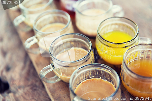 Image of glasses of drinks at market stall or restaurant