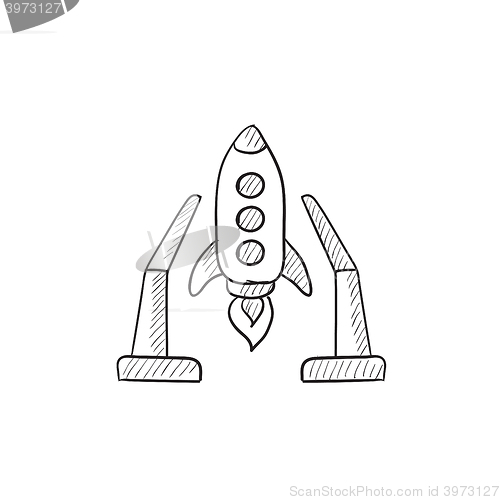 Image of Space shuttle on take-off area sketch icon.