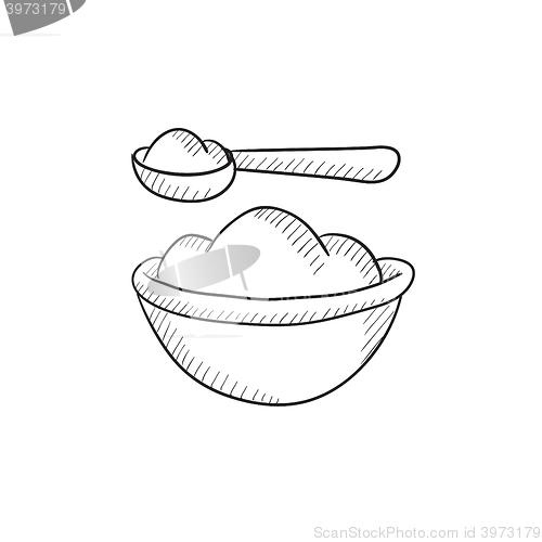 Image of Baby spoon and bowl full of meal sketch icon.