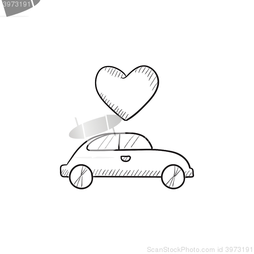 Image of Wedding car with heart sketch icon.