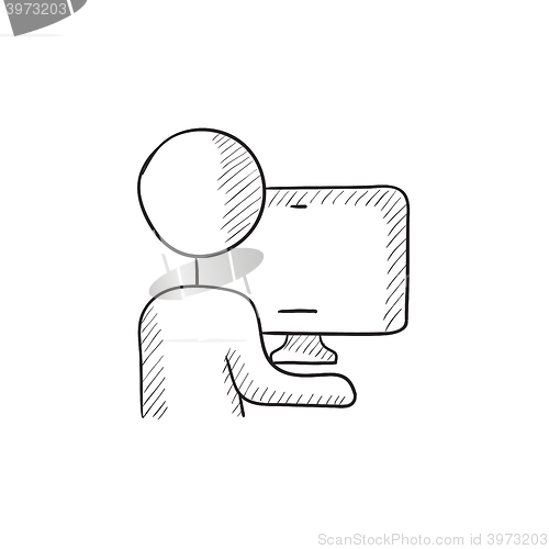 Image of Man working at his computer sketch icon.