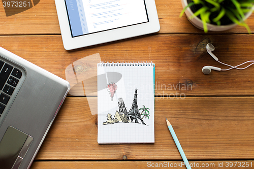 Image of close up of notebook, laptop and tablet pc on wood