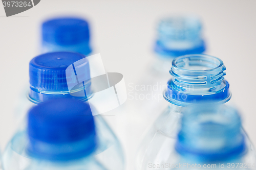 Image of close up of plastic bottles with drinking water