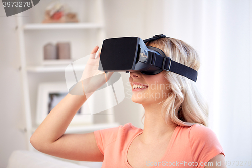 Image of woman in virtual reality headset or 3d glasses