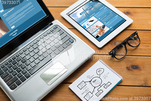 Image of close up of on laptop, tablet pc and notebook