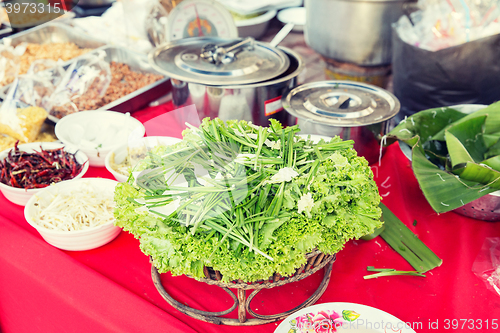 Image of foodstuff and spices sale at asian street market