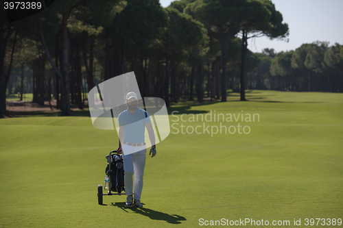 Image of golf player walking with wheel bag