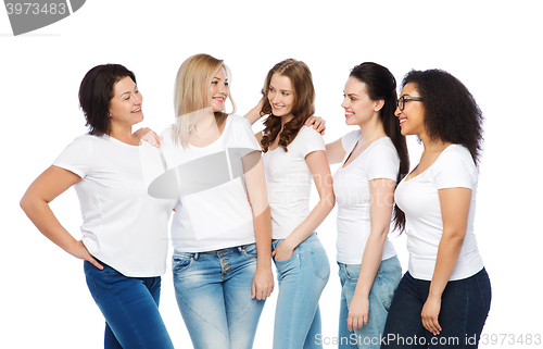 Image of group of happy different women in white t-shirts