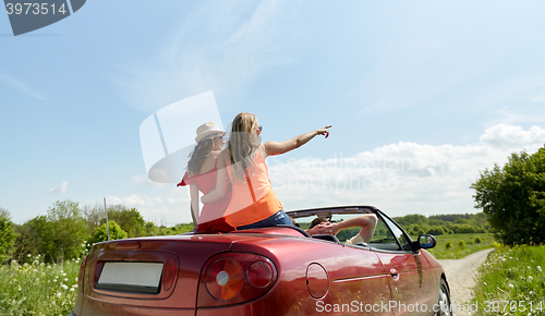 Image of happy friends driving in cabriolet car at country