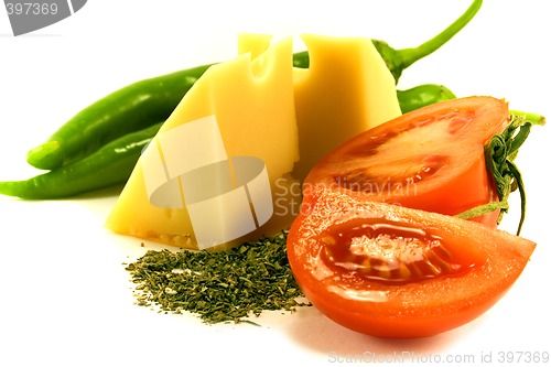 Image of vegetables and cheese on white