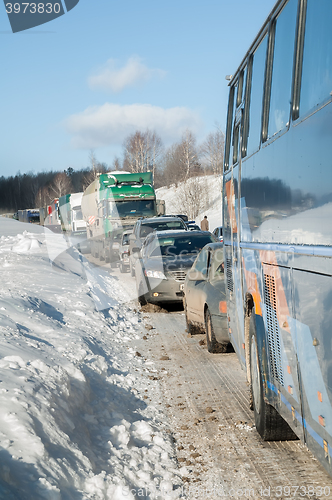Image of Traffic jam on highway after heavy snow storm