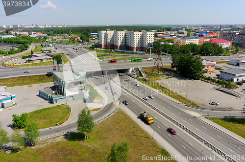 Image of Aerial view on Respubliki street bridge. Tyumen