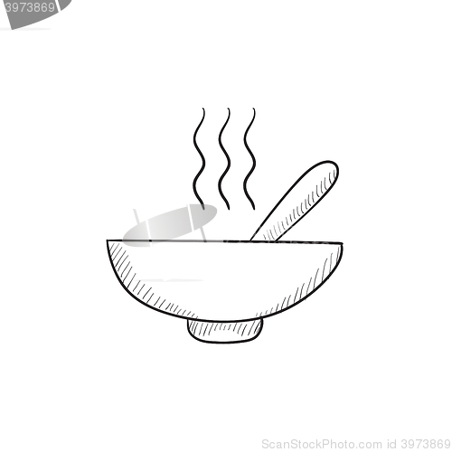 Image of Bowl of hot soup with spoon sketch icon.