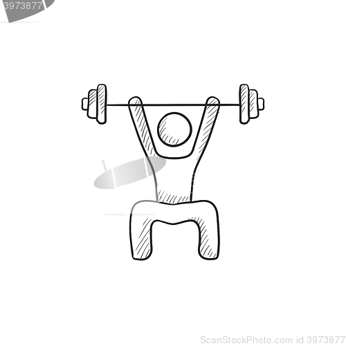 Image of Man exercising with barbell sketch icon.