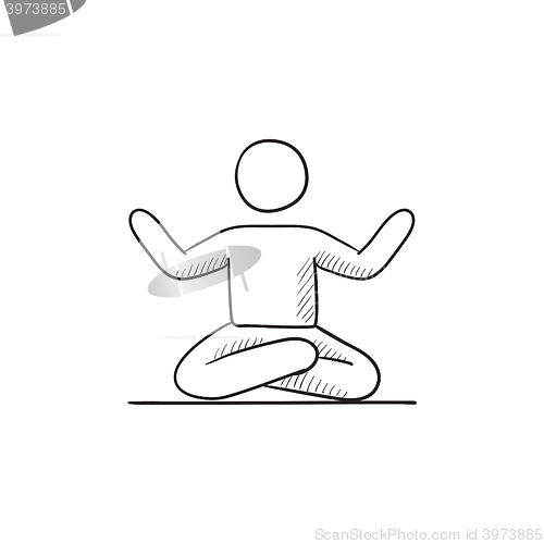 Image of Man meditating in lotus pose sketch icon.