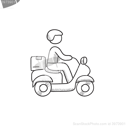 Image of Man carrying goods on bike sketch icon.