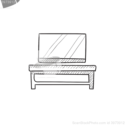 Image of Flat screen tv on modern stand sketch icon.