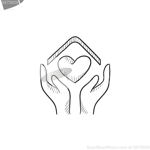 Image of Hands holding roof of house and heart sketch icon.
