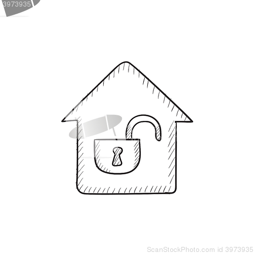 Image of House with open lock sketch icon.