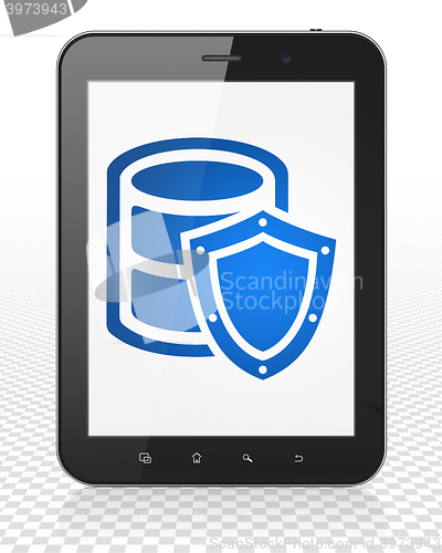 Image of Database concept: Tablet Pc Computer with Database With Shield on display