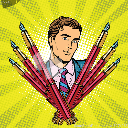 Image of businessman and ink fountain pen icon