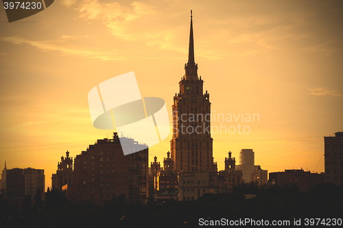 Image of sunset cityscape with tower in Moscow, Russia