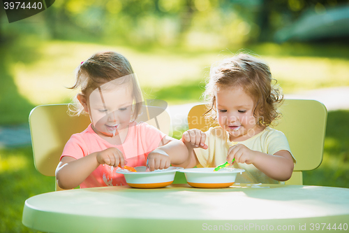 Image of Two little girls sitting at a table and eating together against green lawn