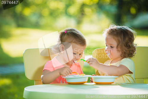 Image of Two little girls sitting at a table and eating together against green lawn