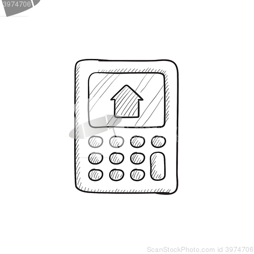 Image of Calculator with house on display sketch icon.