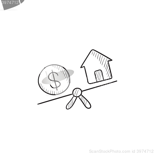 Image of House and dollar symbol on scales sketch icon.