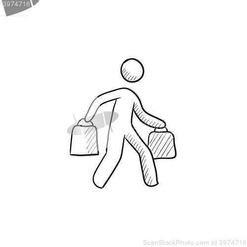 Image of Man carrying shopping bags sketch icon.